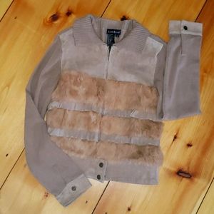 Bebe Leather & Fur Cardigan Zip Sweater Size Small